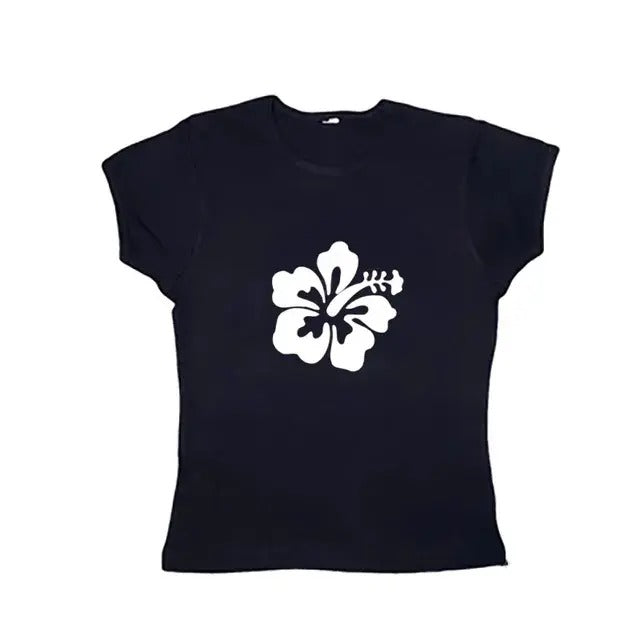 Hawaiian Flower Baby Tee, Goth Short Sleeve Emo Girls Tops, Y2k Top Women Streetwear, Emo Scene 2000s Clothes, Women...