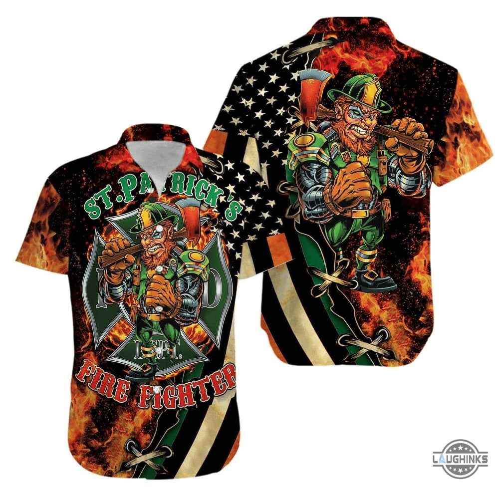 Hawaiian Shirt Aloha St Patrickday Firefighter Aloha Summer Beach Button Up Shirts And Shorts NEW