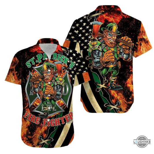Hawaiian Shirt Aloha St Patrickday Firefighter Aloha Summer Beach Button Up Shirts And Shorts NEW
