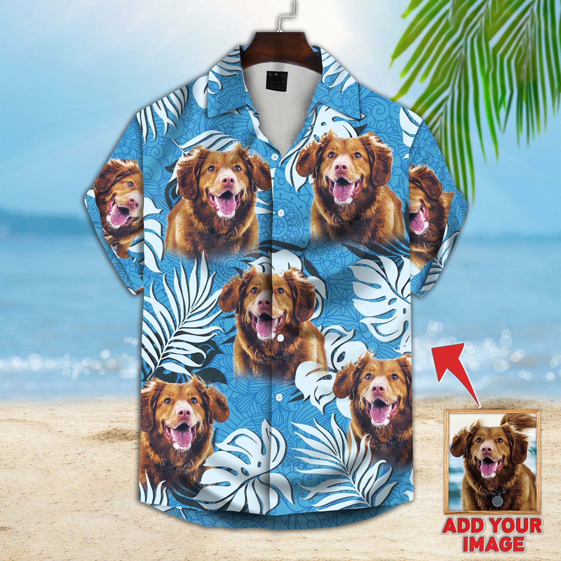 Custom Hawaiian Shirt With Pet Photo | Personalized Gift For Pet Lovers | Leaves Pattern Sea Blue Color Aloha Shirt