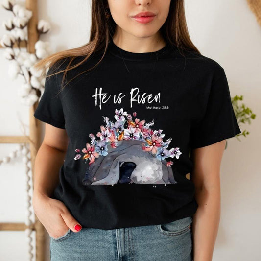 He Is Risen Flower Christian Shirt Casual Style Crew Neck Short Sleeve T-Shirt Tops Trendy for Unisex, Perfect Gift...