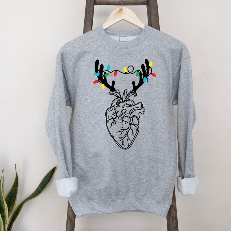 Heart Anatomy Christmas Sweatshirt, Christmas Light Nurse Sweater, Reindeer Human Heart Holiday Hoodie, Anatomical Heart...