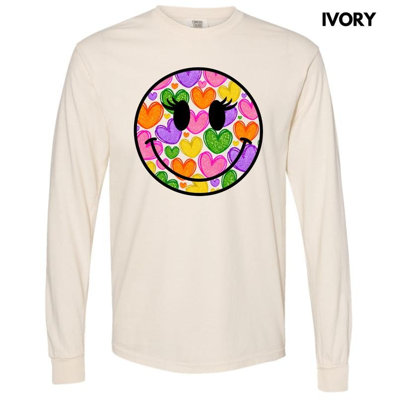 Heart Filled Happy Face Long Sleeve Comfort Colors T-Shirt 'NLB' Hoodie, Sweatshirt | InkThreadWorks.com