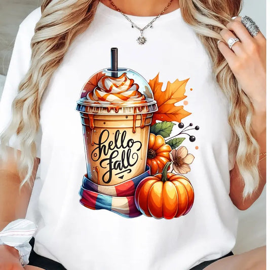 Hello Fall T-Shirt, Women Fall Shirt, Happy Fall Tee, Halloween Fall Tee, Fall Pumpkin Tee, Fall Vibes Short Sleeve,...