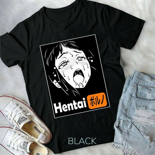 Hentai Waifu Ahegao Cute Sexy Girl Gothic Lewd Otaku Manga Anime Black T-Shirt S-4XL