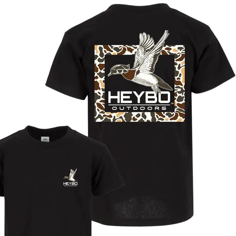 Heybo Outdoors T - Shirt - Featuring A Flying Duck And Camo Pattern Design, Premium Outdoor-Themed Apparel, Perfect For...