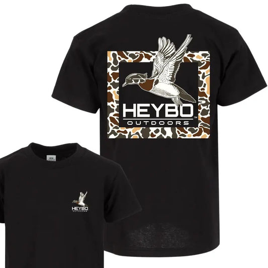 Heybo Outdoors T - Shirt - Featuring A Flying Duck And Camo Pattern Design, Premium Outdoor-Themed Apparel, Perfect For...