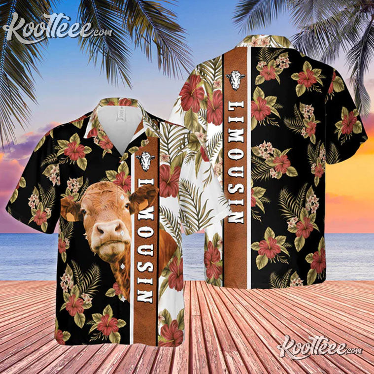 Hibiscus Flowers Limousin Cattle Brown Trendy Hawaiian Shirt