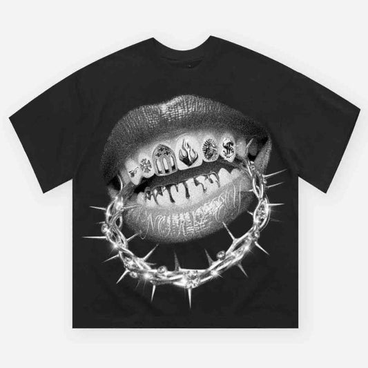 High Quality Thorn Crown Lips Print T-shirt, Vintage Graphic Tee, Y2k Clothing, Unisex Cotton Crewneck T-Shirt - Medium, Short Sleeve, Casual Streetwear Printed Tee