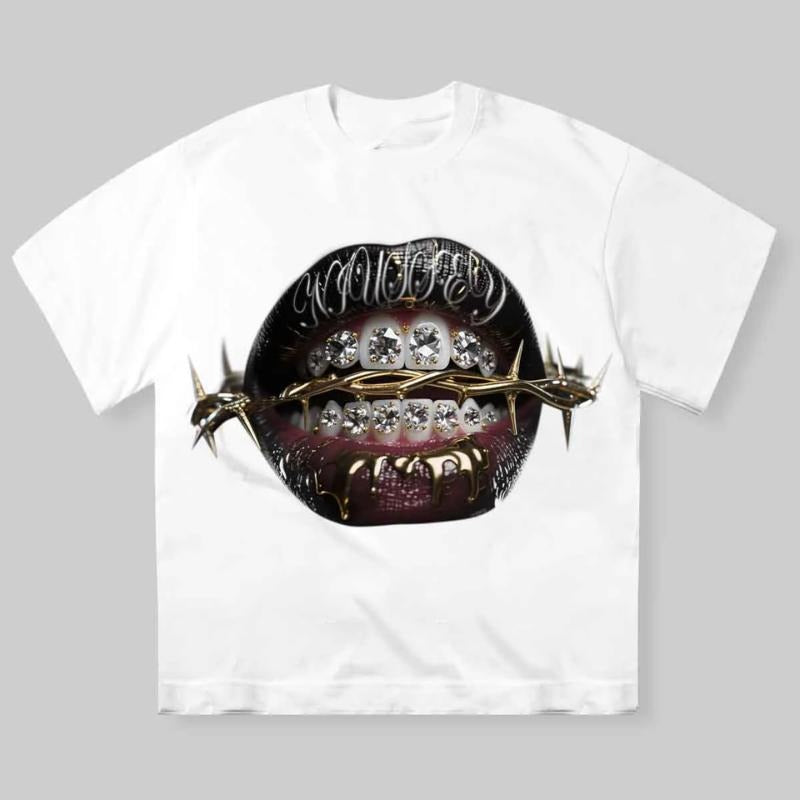 High Quality Thorn Diamond Lips Print T-shirt, Vintage Graphic Tee, Y2k Clothing, Unisex Cotton Crewneck T-Shirt - Medium, Short Sleeve, Casual Streetwear Printed Tee