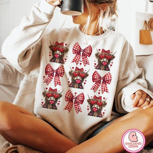 High.land Cow coquette Valentine's Day Blend Crewneck Sweatshirt, Valentine Western Cow T-Shirts, Hoodie | InkThreadWorks.com