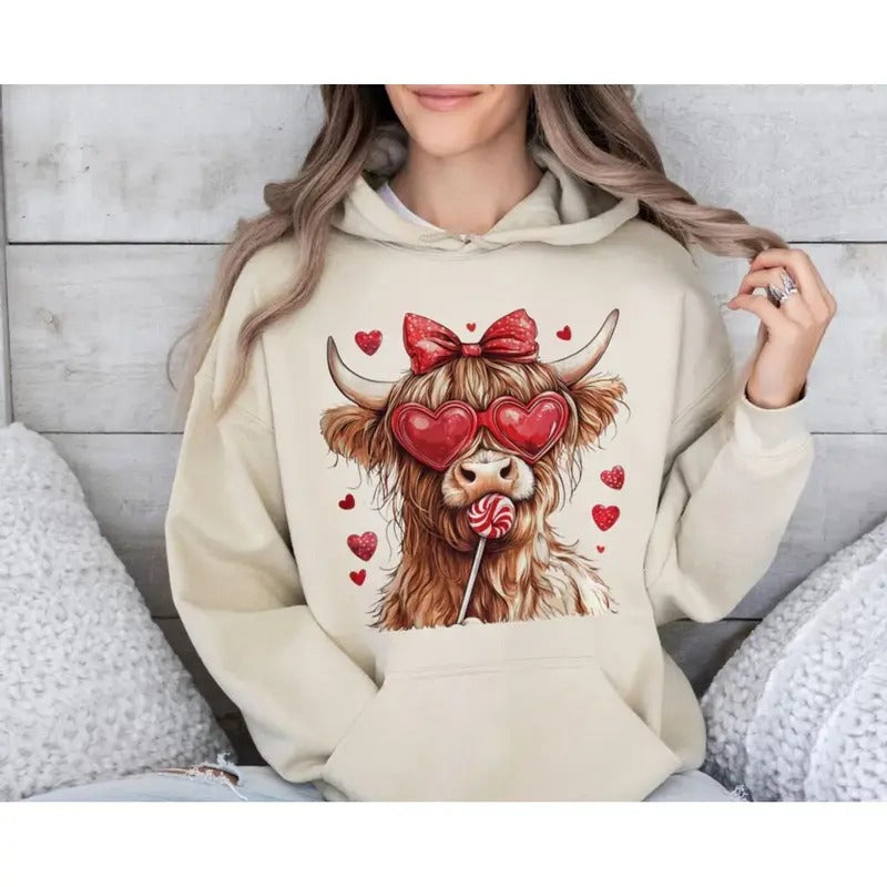 Highland Cow Shirt, Valentine Coquette Sweatshirt, Valentine's Day Hoodie, Retro Valentine Heart Love, Unisex Sweater...