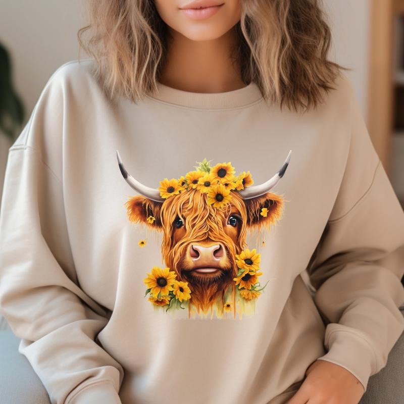 Highland Cow With Sunflowers T Shirt Hoodie Sweater Highland Cow With Sunflowers Shirt Sunflower Shirt Western Sweatshirt...