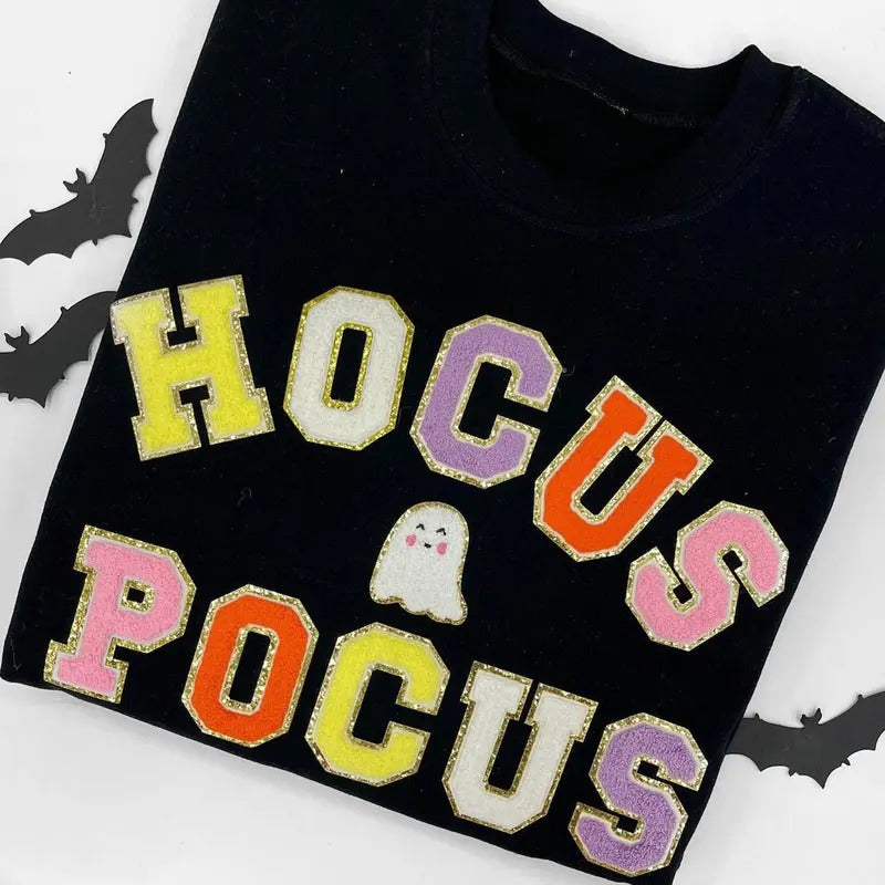 Hocus Pocus Letter Patch Crewneck Sweatshirt, Chenille Letter Patches, Halloween T-Shirts, Hoodie | InkThreadWorks.com