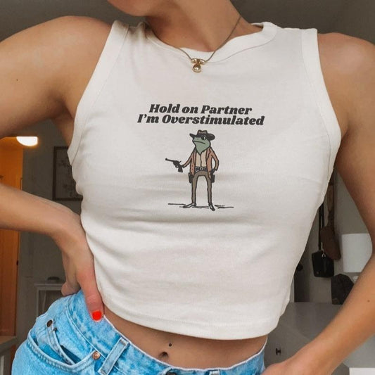 Hold On Im Overstimulated Cowboy Frog Cropped Tank Top Overstimulated Shirt Silly Unhinged Weirdcore Collar Fashion...