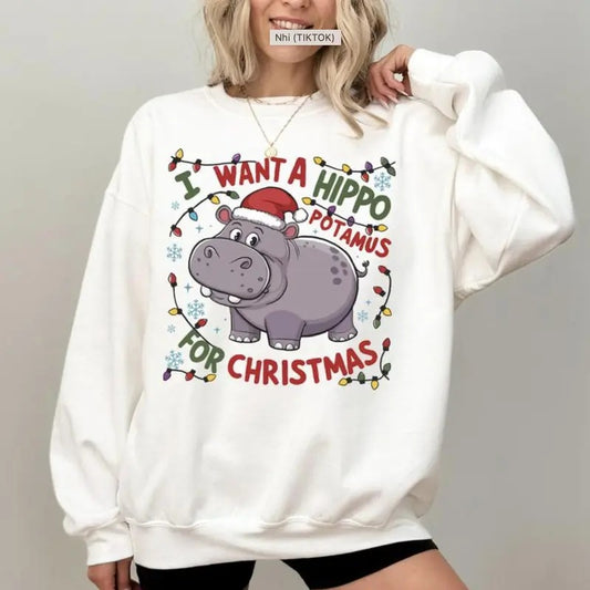 Hippopotamus For Christmas I Want A Hippo T-shirt/Sweatshirt/Hoodie Cotton Unisex Comfy | InkThreadWorks.com