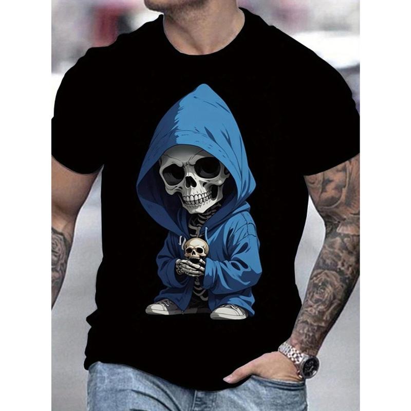 Hoodie Skeleton Print T-Shirt for Men - Casual Cotton Summer Top with Round Neck, Knit Fabric, Halloween-Themed Design,...