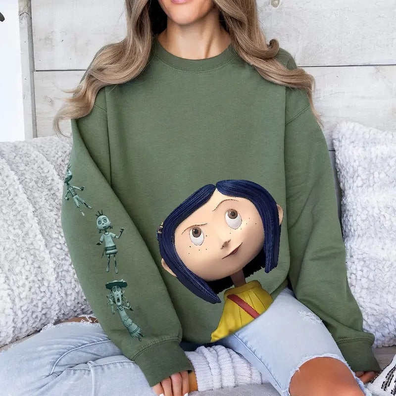 Horror Film Shirt Cartoon Movie Shirt, Coraline Doll Sweatshirt, Halloween Spooky Season Shirt, Coraline Sweatshirt,...