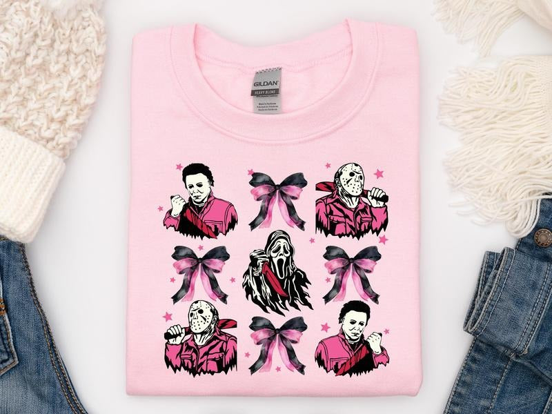 Horror Halloween Sweatshirt, Horror Coquette Pink Bows Tshirt, Halloween Coquette Bow Shirt, Retro Halloween Graphic Tee