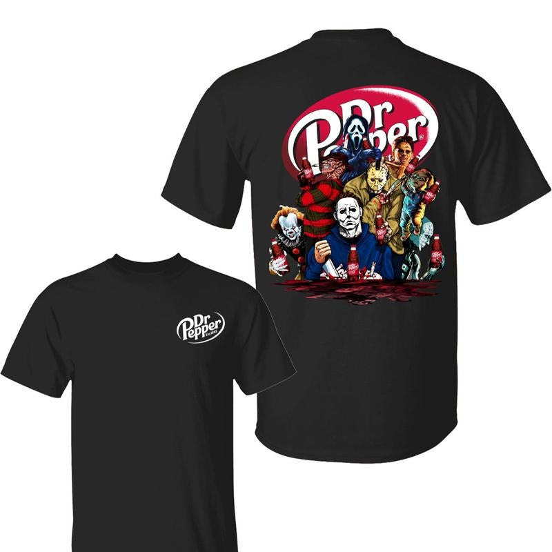 Horror Icons Pepper 2 Sided Shirt, Scary Movie Villains Drinking Pop Tee, Funny Halloween Crew T-Shirt, Spooky Group Costume Shirt, For Men, For Women