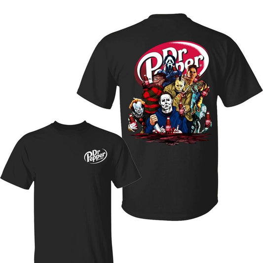 Horror Icons Pepper 2 Sided Shirt, Scary Movie Villains Drinking Pop Tee, Funny Halloween Crew T-Shirt, Spooky Group Costume Shirt, For Men, For Women