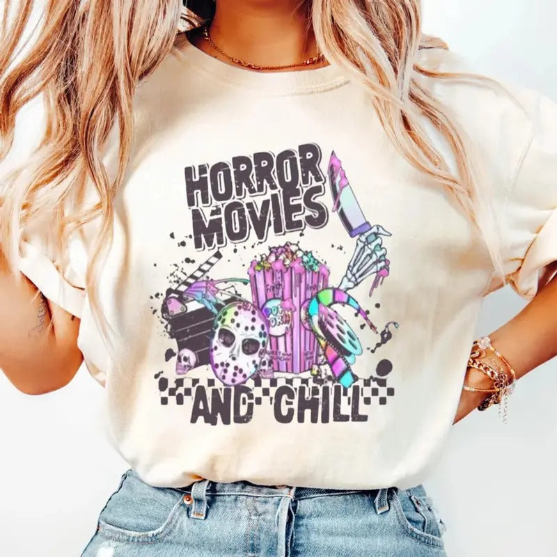 Horror Movies And Chill Shirt, Funny Unisex Halloween Shirt, Horror Movie Shirt, Horror Film Club, Unisex Short Sleeve Tee Shirt, Casual Clothing Top Womenswear Women Lady