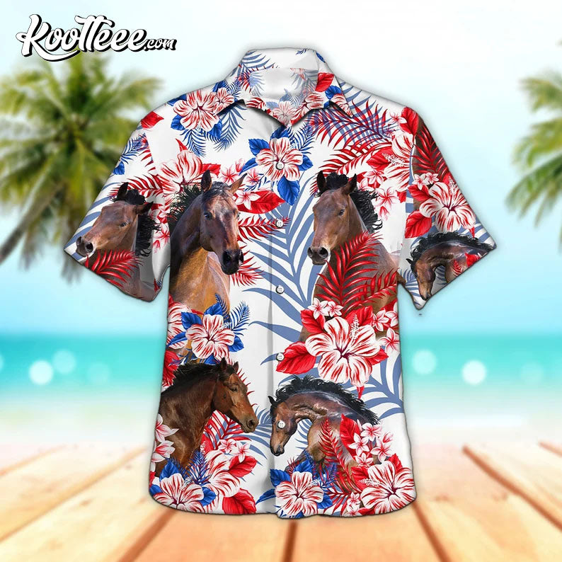 Horse In American Flag Patterns Hawaiian Shirt