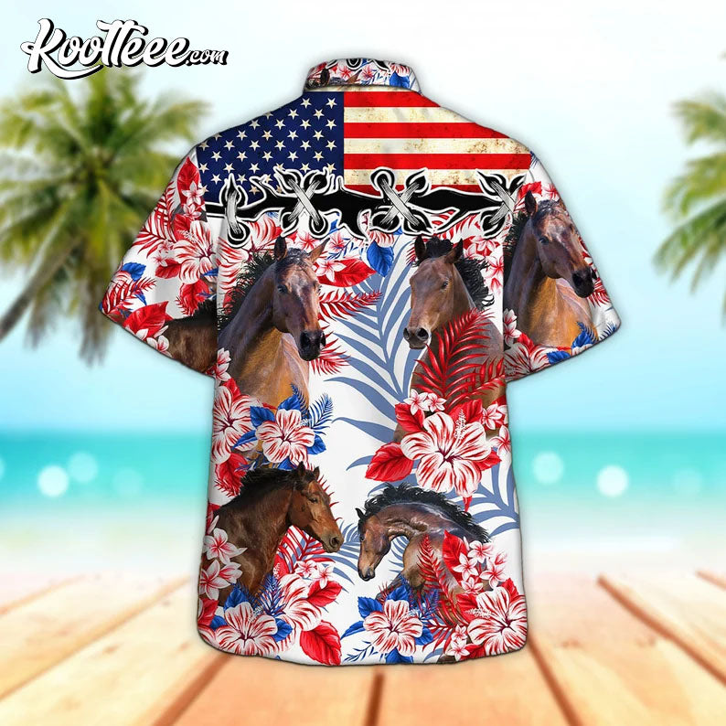 Horse In American Flag Patterns Hawaiian Shirt