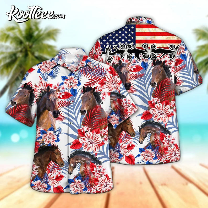 Horse In American Flag Patterns Hawaiian Shirt