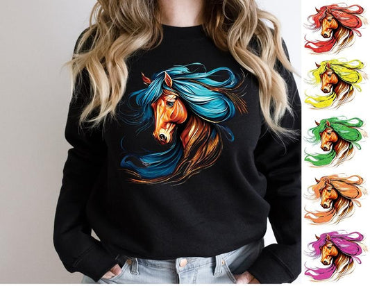 Horse Sweatshirt, Colorful Horse Hair Hoodie, Horse Lover Sweatshirt, Farm Animal Hoodie, Colorful Horse Head Sweater,...