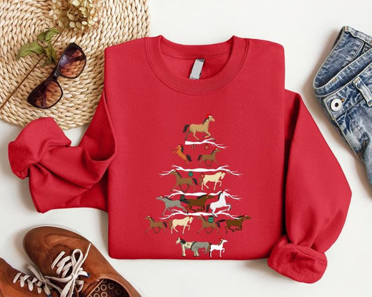 Horse Tree Sweatshirt, Horse Christmas Sweater, Animal Lover Xmas, Horse Lover Christmas Gift Hoodie, Cowboy Christmas...