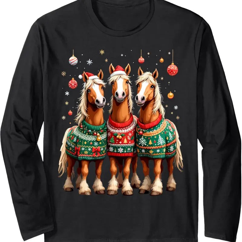 Horses Ugly Sweters Christmas Xmas Horse Lover Horseman Long Sleeve T-Shirt Hoodie, Sweatshirt | InkThreadWorks.com