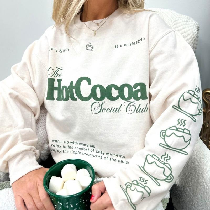 'Hot Cocoa Social Club' Crewneck Sweatshirt, Festive Holiday Vibe, Cute Sleeve Print