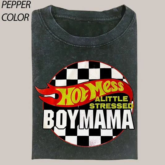 Hot Mess Mama Little Stressed Vintage Graphic Shirt, Bleached Mom T-Shirt, Boy Mama Race Car Mom Shirt