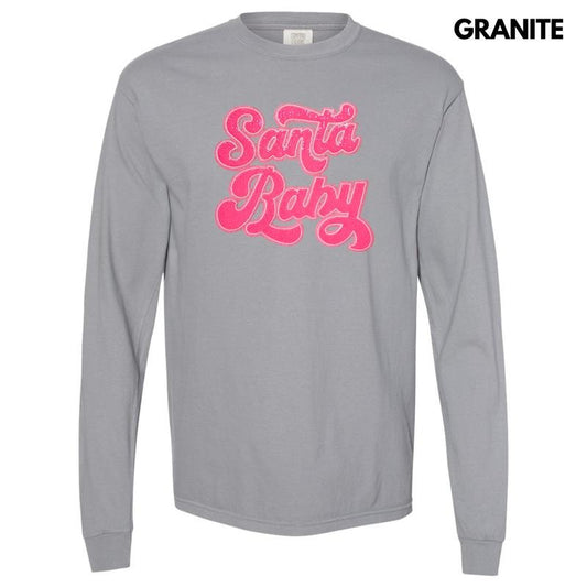Hot Pink Santa Baby Sequin Patch Long Sleeve Comfort Colors T-Shirt