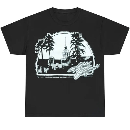 Hotel California Graphic Tee, Vintage Rock Band Aesthetic Shirt, Retro Rock Band Tee, Double-Sided Graphic Design, Casual Streetwear, Unisex Cotton Shirt