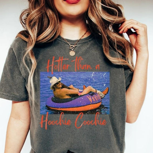 Hotter Than A Hoochie Coochie Shirt, Meme Summer Vacation T-shirt, Music Lover T-shirt, 90s Country Music, Trendy Summer T-Shirt. Cotton