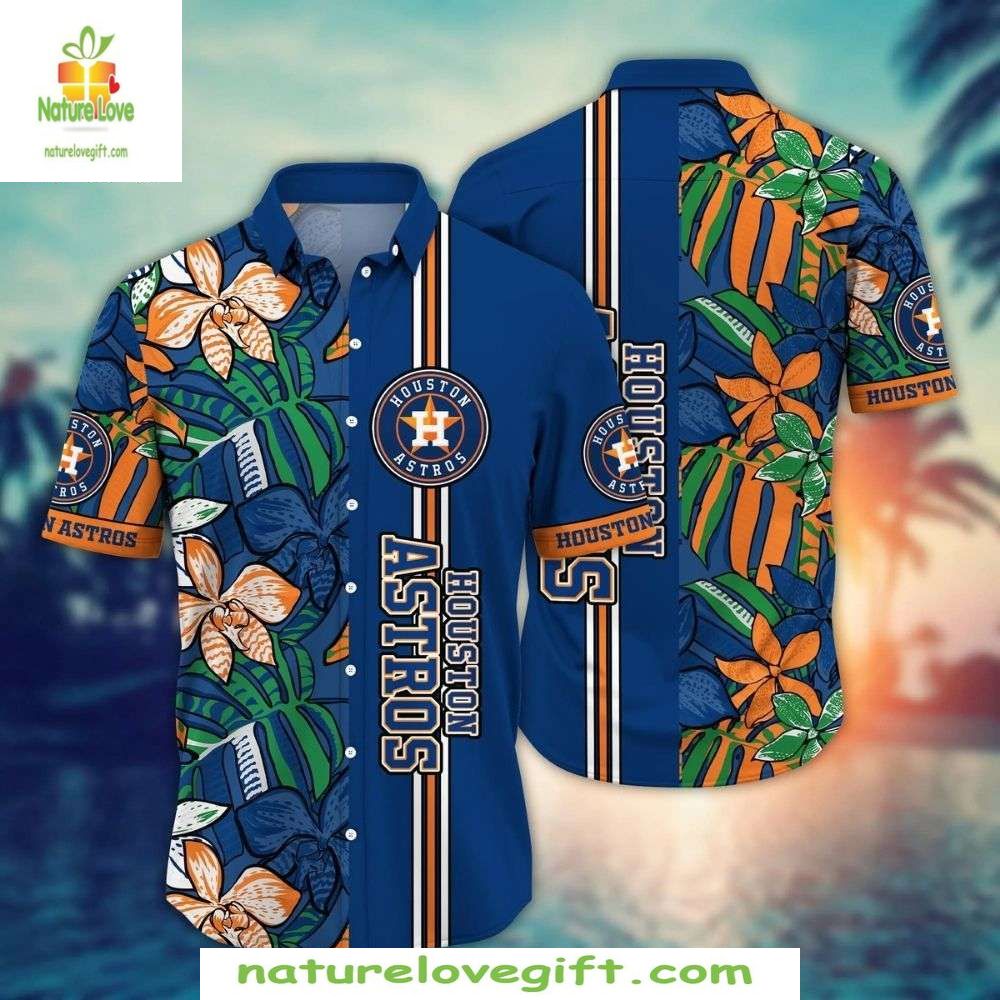 Houston Astros Hawaiian Shirt Blue Orange Floral Stripe MLB Baseball Apparel