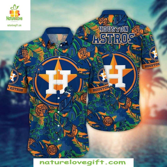 Houston Astros Hawaiian Shirt Floral Big Logo MLB Baseball Apparel