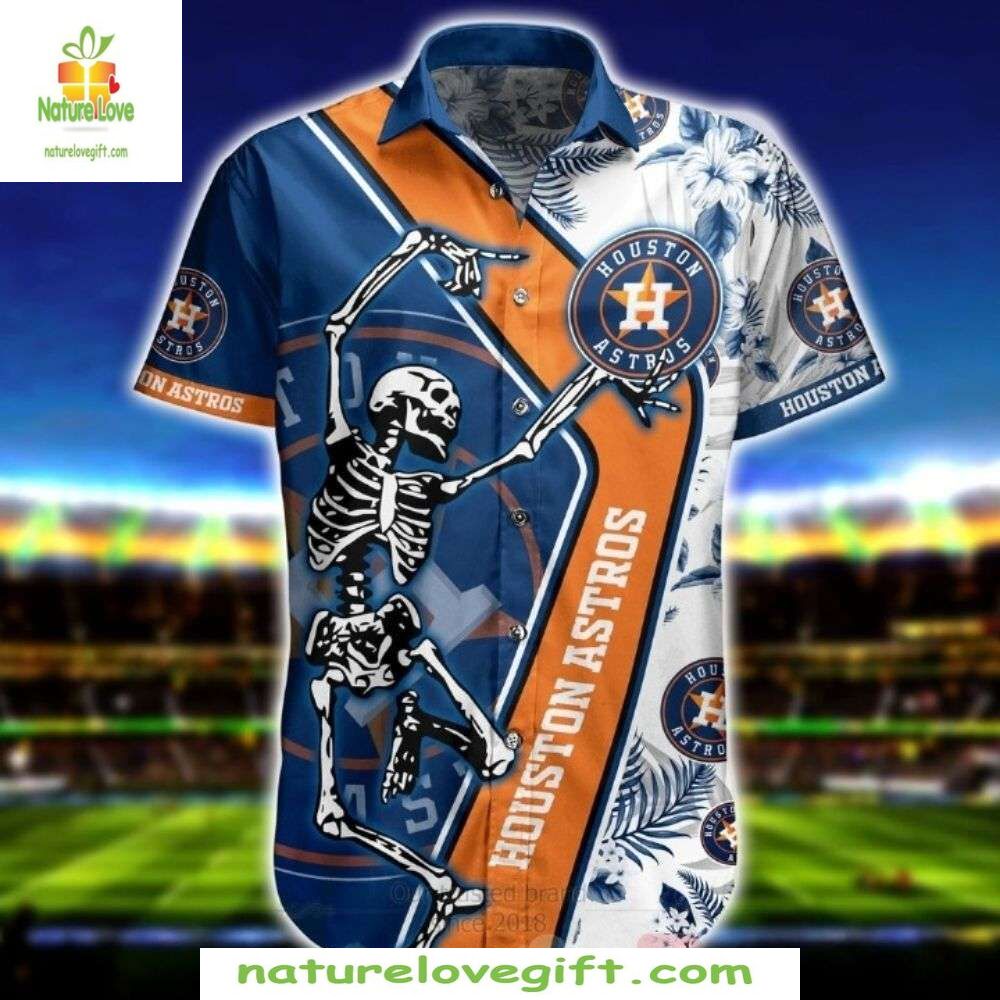Houston Astros Hawaiian Shirt Floral Stripe Skeleton Dancer MLB Apparel