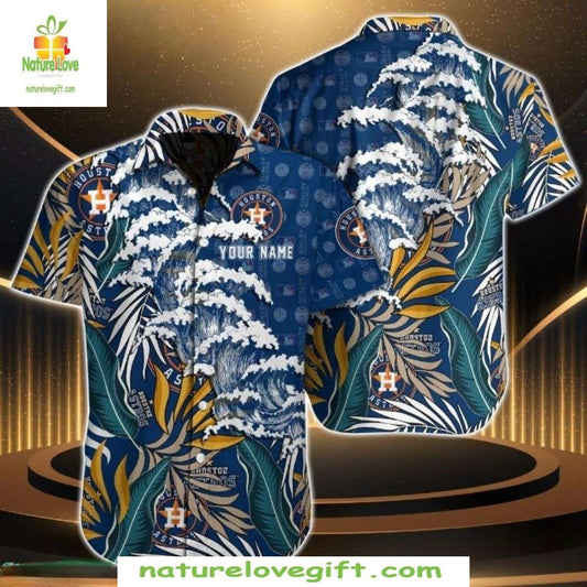 Houston Astros Hawaiian Shirt Royal Blue Gold Leaf MLB Baseball Apparel