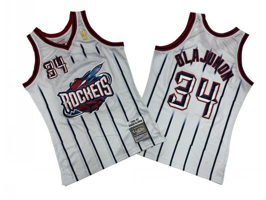 Houston Rockets #34 Hakeem Olajuwon Rockets 34 # White Rockets 96-97 Season Mitchell Retro Jersey Style 2