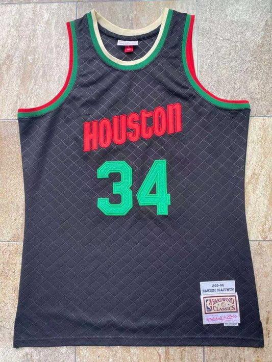 Houston Rockets #34 Hakeem Olajuwon mitchell&ness Napoli Rockets 34 Olajuwon Black Jersey Style 8