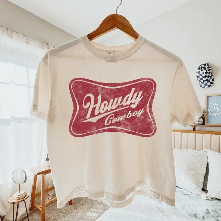 Howdy Cowboy Women's Boxy Crop Tee, Miller Highlife, Cute Summer Top, County Girl, Cowgirl, Boho Tshirt, Vintage Beer, Western Graphic Shirt