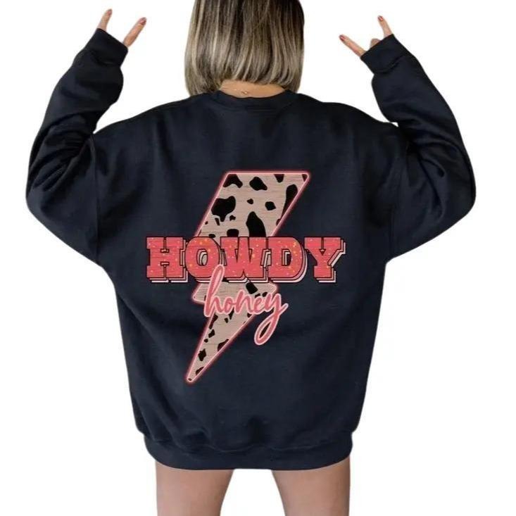 Howdy Honey Straightening Bolt Lightning Leopard Pattern Women Crewneck Sweatshirt, Western Countryside Cowgirl Shirt Hoodie