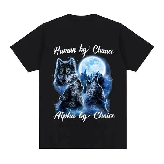 Human By Chance Alpha By Choice Wolf Graphic T-shirt, Men Fashion Hip Hop Vintage Short Sleeve T-shirts Cotton Oversized T Shirts, Top Womenswear
