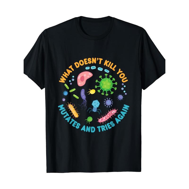 Humorous Biology Tee - T-Shirts for Science Lovers Funny Graphic Print Shirt with Mutates and Tries Again Slogan - Unique Gift Idea for Biologists and Students Made in USA