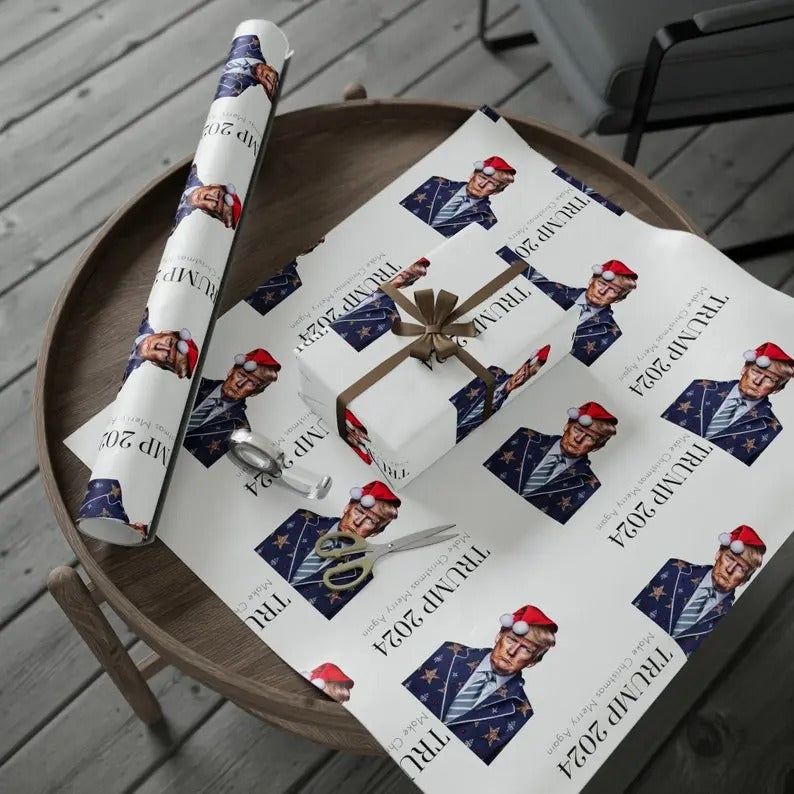 Humorous Trump Christmas Gift Wrap, Colorful Presidential Themed Wrapping Paper, For Festive Present Wrapping, Fun White...