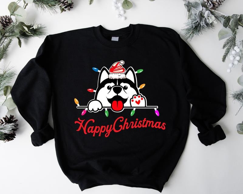Husky Christmas Sweatshirt, Happy Christmas Sweater, Dog Christmas Hoodie, Dog Lover Gift Sweatshirt, Pet Owner Long...