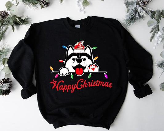 Husky Christmas Sweatshirt, Happy Christmas Sweater, Dog Christmas Hoodie, Dog Lover Gift Sweatshirt, Pet Owner Long...